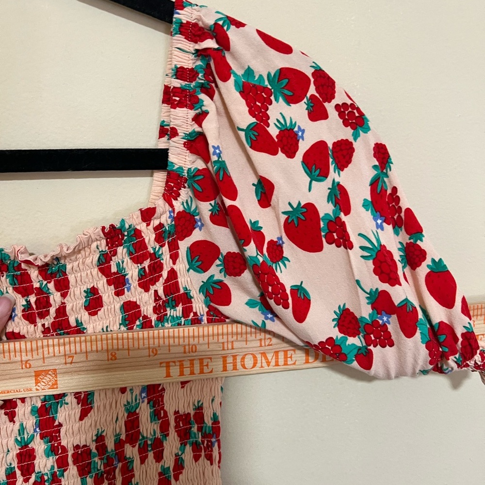 Betsey Johnson Dress XS Strawberry Fields Smocked Tiered Red Pink Cottage - Picture 10 of 12